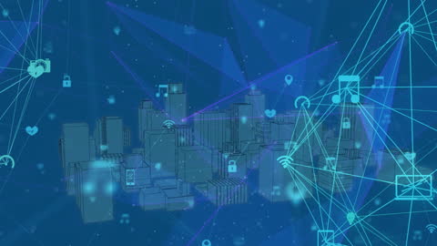 Digital Matrix of Connectivity Over Cityscape Animation