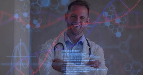Confident Physician with Digital DNA Overlay in Modern Laboratory