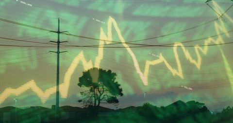 Suburban tree silhouette under glowing market chart overlay at dusk
