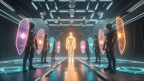 Futuristic security with robotic bodyguards in high-tech corridor with glowing holographic projectio