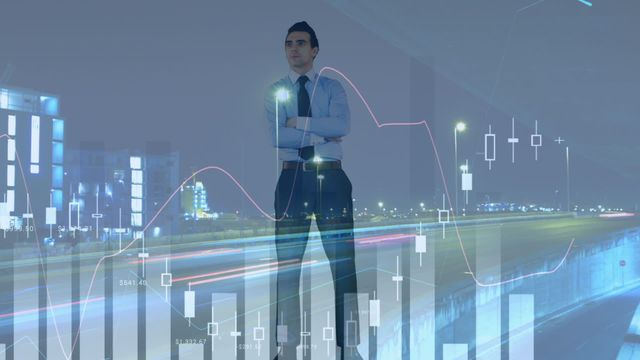 Video shows a confident Caucasian businessman standing with arms crossed amidst an overlay of financial data including bar graphs and line charts. City traffic and lights shine in the background, indicating a dynamic urban environment. This video can be used to illustrate concepts related to business strategy, financial analysis, urban finance, technological advancements in data processing, and corporate professional life.