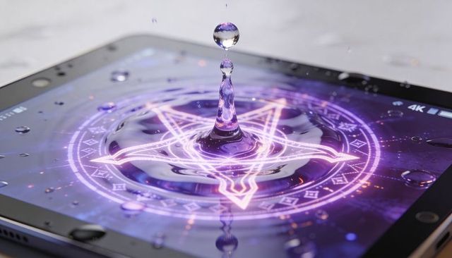 Mystic purple digital sigil splash on tablet screen with water droplet, futuristic magic interface