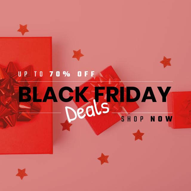 Composition of up to 70 percent off black friday deals shop now text over presents and decorations. Black friday, shopping and retail concept digitally generated image.