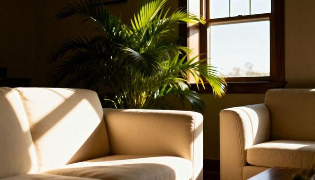 Sunlit beige sofas casting warm shadow patterns with indoor palm by window at golden hour
