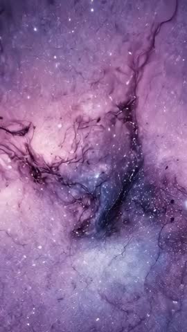 Drifting downward through purple nebula revealing glowing filaments and distant stars