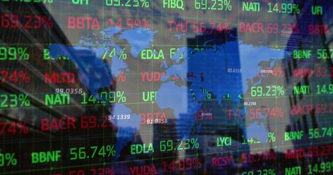 Global finance data with cityscape in background