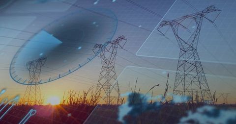 High voltage transmission towers transmitting power at sunset with digital grid overlay