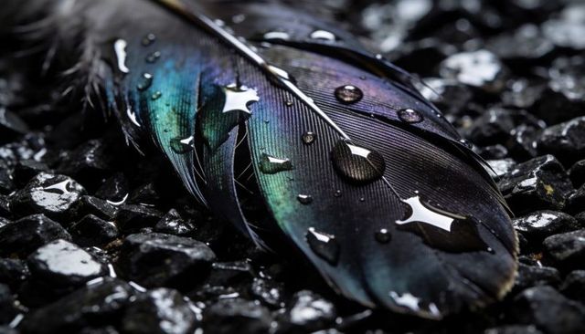 Iridescent feather with water droplets on wet black stones macro texture close-up