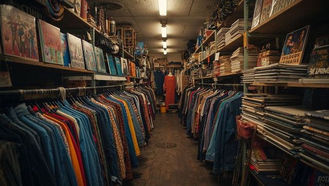 Browsing shopper wearing red coat in narrow vintage thrift aisle with denim and vinyl