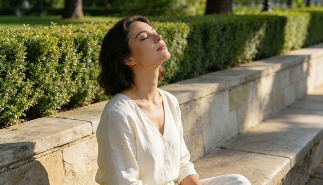 Woman soaking morning sun on stone terrace practicing mindful breathing in sunlit garden