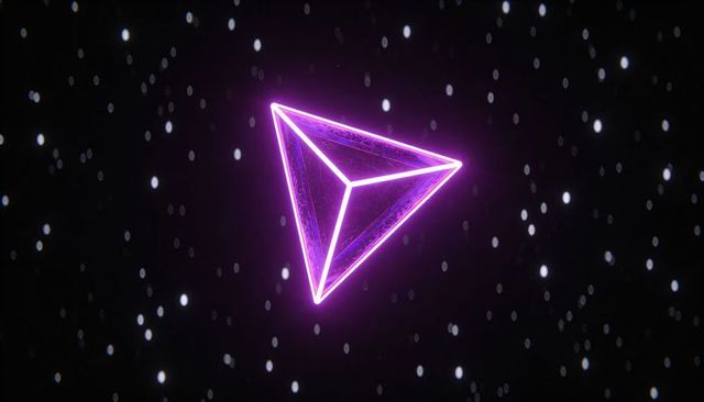Glowing magenta tetrahedral prism hovering in cosmic void with neon edges and purple halo