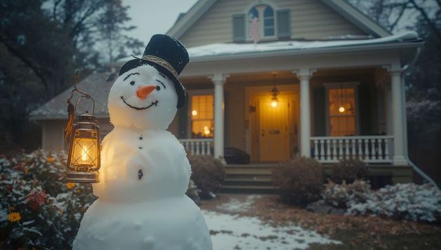 Cheerful snowman with lantern illumination in winter front yard