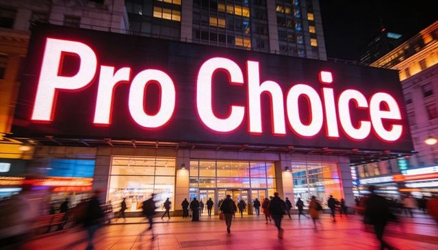 Nighttime urban crowd under giant red pro choice led billboard at busy city entrance plaza