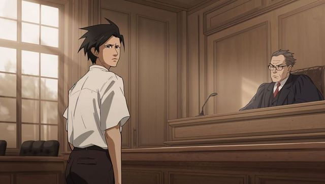 Teen male standing before judge in wood-paneled courtroom facing intense hearing