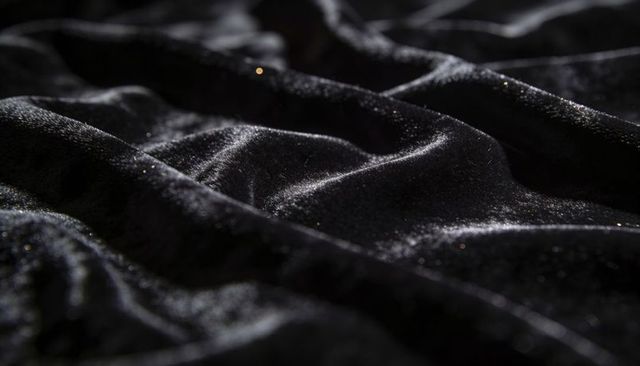 Black velvet fabric with sparkling pile and silky folded texture for luxury backgrounds