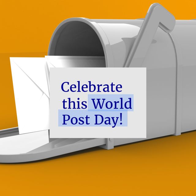 This image shows a mailbox with envelopes, celebrating World Post Day. The bright, clear background enhances the focus on the mailbox with the encouraging text. Ideal for promotional materials, educational resources, and social media campaigns highlighting postal services and their importance.