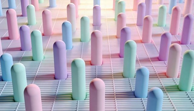 Pastel capsule grid rising minimalist geometric pattern with soft studio lighting
