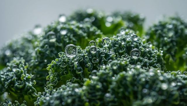 Close-up of Fresh Broccoli Showing Water Droplets on Organic Florets
