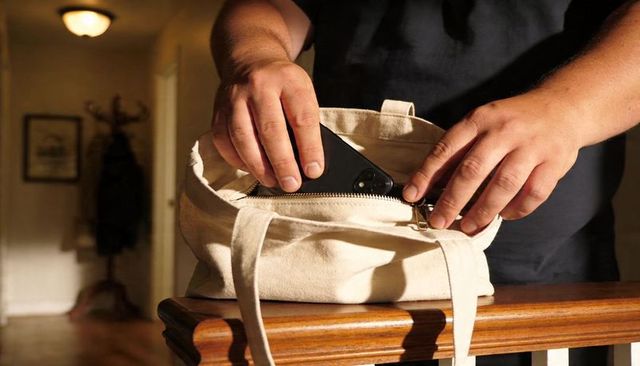 Placing smartphone into canvas tote on wooden banister indoor lifestyle closeup