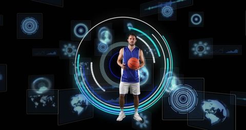 Basketball Player Surrounded by Digital Data and Interfaces