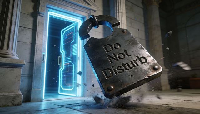 Heavy do not disturb padlock crashing through neon blue portal in neoclassical hall