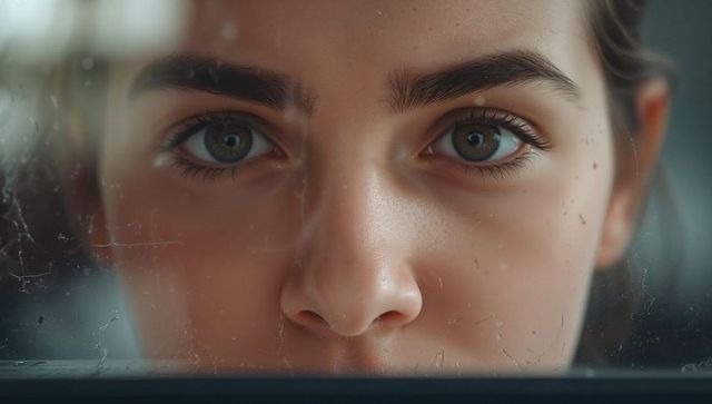 Teen pressing face against dirty car window closeup eyes and smudged glass