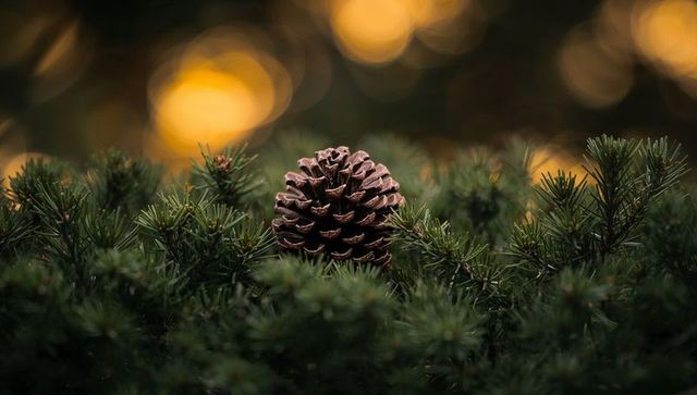 Brown pine cone nestled in evergreen needles with golden morning bokeh