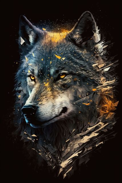 Majestic wolf portrayed in digital art with glowing geometric shapes. Perfect for wall art, posters, design inspiration, wildlife projects, and creative digital media.