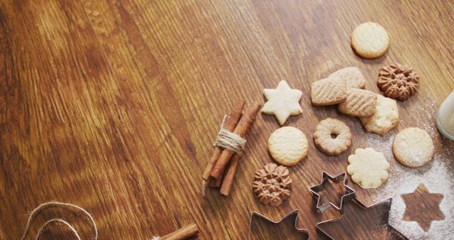 Image of christmas decorations with cookies and copy space on wooden background - Download Free Stock Photos Pikwizard.com