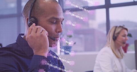 Double Helix Overlay in Diverse Business Call Center Environment - Download Free Stock Images Pikwizard.com