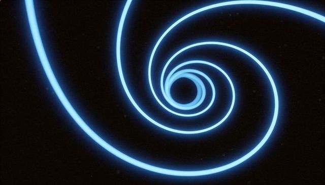 Glowing neon spiral looping into dark core with soft halos and cosmic cyan glow minimalist