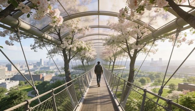 Walking under cherry blossom canopy on elevated skywalk toward sunlit city skyline