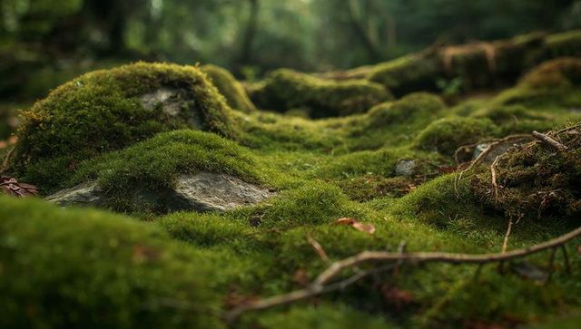 Moss-covered woodland floor with lush green mounds, rocks and twigs closeup