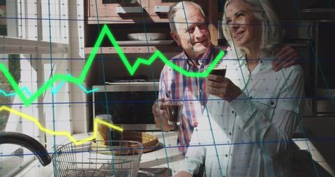 Senior couple enjoying coffee amid financial graphs overlay