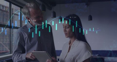 Professionals Analyzing Data with Virtual Financial Graph Overlay