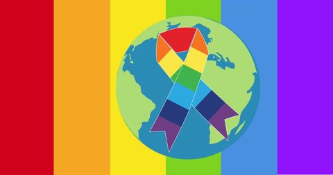 Rainbow ribbon and globe representing lgbt rights