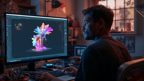 3d artist sculpting vibrant abstract digital sculpture at late-night home workstation