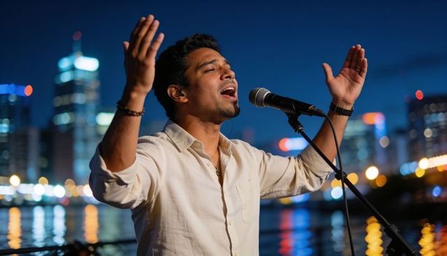 Singing vocalist on waterfront stage at night with city skyline lights and reflections