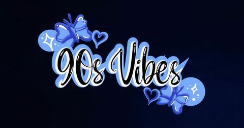 Creative 90s vibes text with butterflies and hearts on navy backdrop
