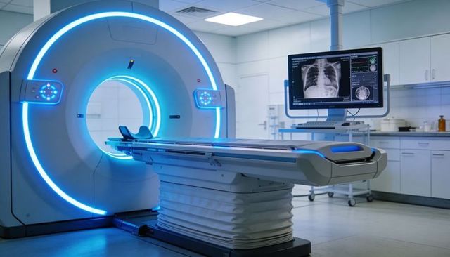 High-tech ct scanner scanning patient table with chest radiograph display on monitor