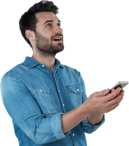 Young Man Looking Up Encouraged with Phone Transparent - Download Free Stock Videos Pikwizard.com