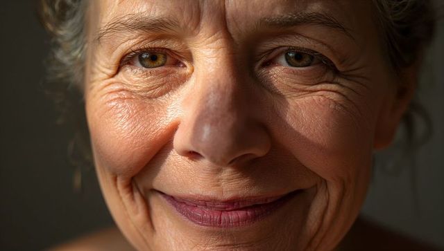 Close-up portrait of senior woman smiling, showing natural wrinkles and warm hazel eyes