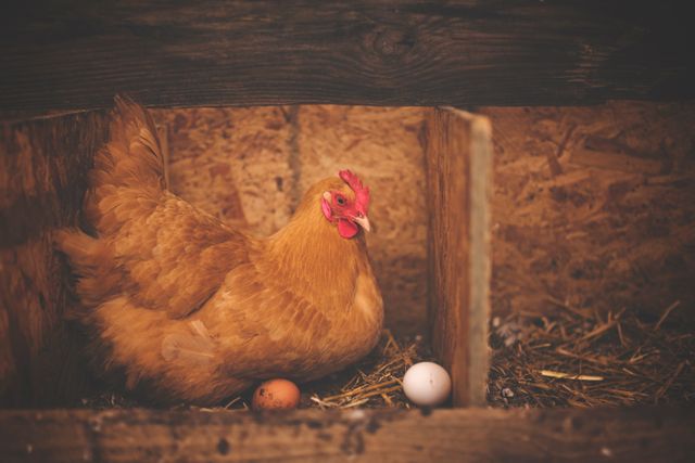 Hen sitting in a nest box in a rustic barn with fresh eggs nearby. Ideal for topics related to farming, agricultural practices, poultry farming, organic produce, and rural life. Useful for educational materials, blog posts, articles, advertisements, and promotional materials about farm life or organic farming.