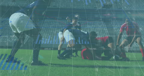 Rugby Players with Data Analytics Overlay at Stadium