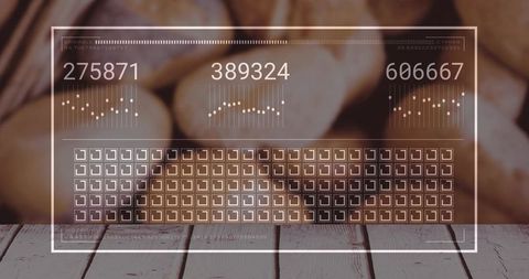 Displaying futuristic data dashboard overlay on rustic wooden table with blurred potatoes