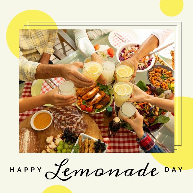 Composite of caucasian multigeneration family toasting lemonade at lunch and happy lemonade day text. Family, togetherness, food, gathering, drink, support, business, charity, celebration concept.