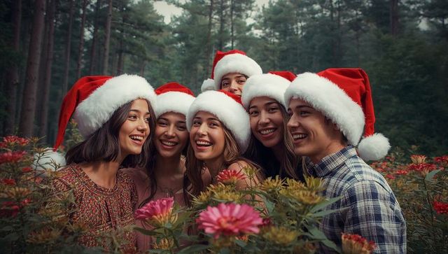 Friends Celebrating Christmas in Forest with Flowers and Santa Hats