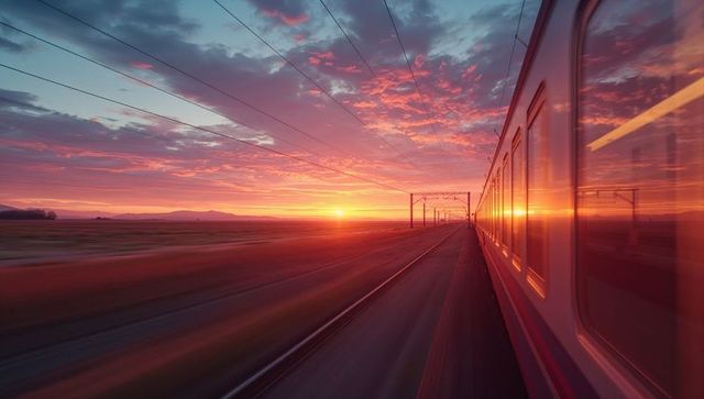 High-Speed Train Traveling Through Sunrise Landscape