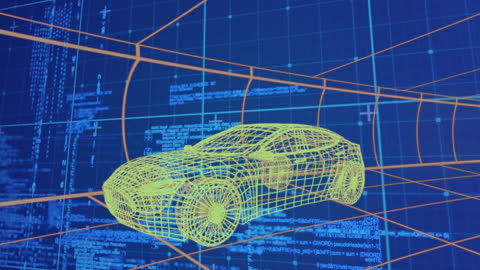 3D Car Blueprint with Digital Data and Grid Illustration