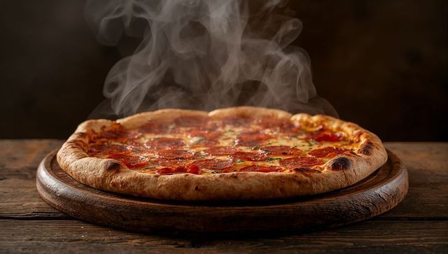Steam rising pepperoni pizza melting cheese on rustic wooden board, crispy golden crust